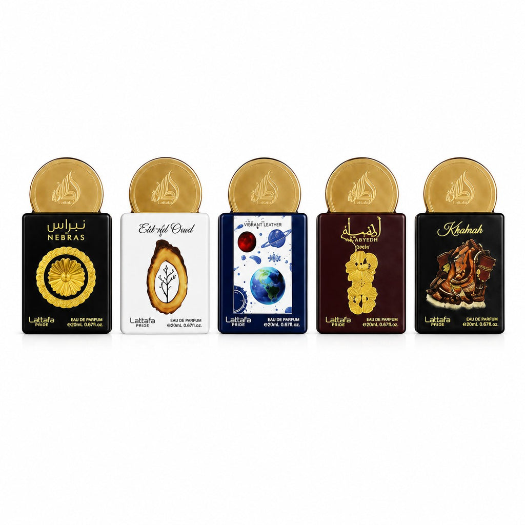 PARFYMORA Coffret Lattafa Pride Box 3 : 5 flacons de 20ml d'eau de parfum mixte, divers designs, idéal pour découvrir des fragrances.
