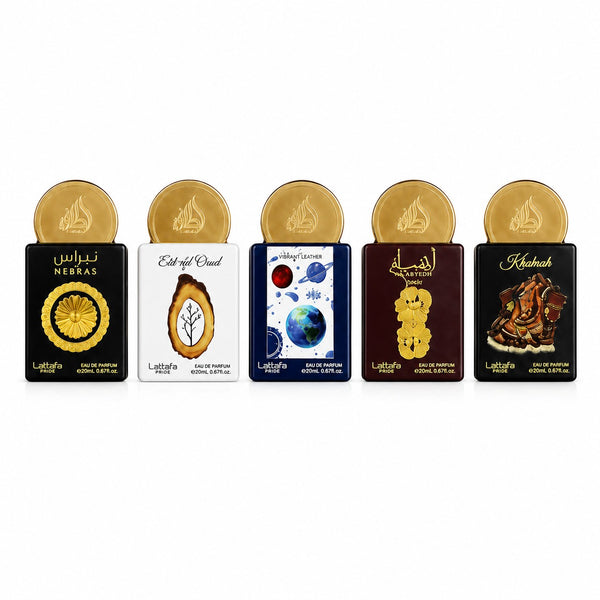 Coffret Lattafa Pride Box 3 : 5 miniatures d'eau de parfum mixte 20ml, avec des flacons aux designs variés : Nebras, Eid al Oud, Vibrant Leather, Abyedh, Khamrah. PARFYMORA.