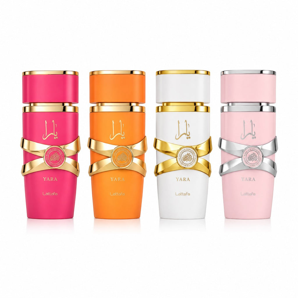 Coffret Lattafa My Yara Collection : 4 flacons de parfum 25 ml rose, orange, blanc et rose pâle avec détails dorés et argentés.