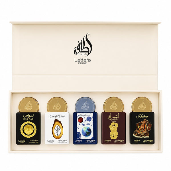 PARFYMORA Lattafa Pride Box 3 coffret 5x20ml eaux de parfum mixtes, flacons variés avec motifs orientaux et spatiaux.