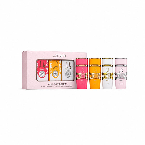 Coffret Lattafa Yara Collection, 4 eaux de parfum mixtes 5ml, flacons roses, oranges, blancs et roses avec détails dorés et argentés.