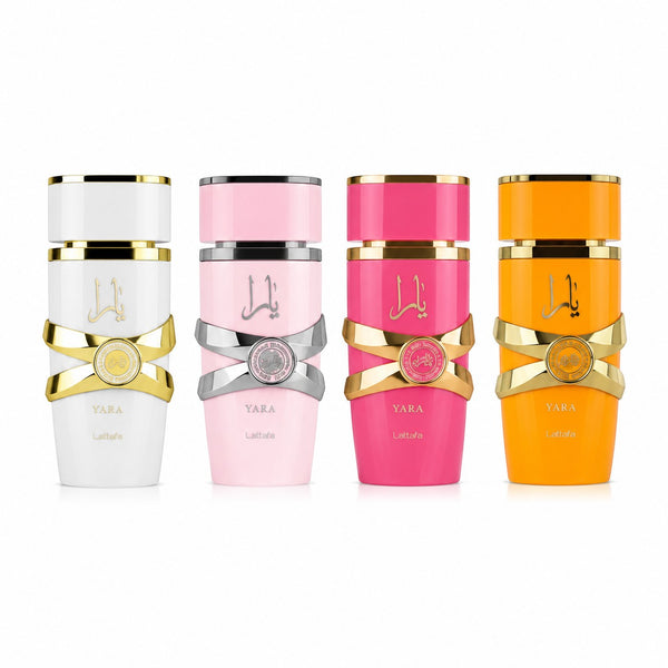 Coffret de 4 eaux de parfum Lattafa Yara Collection, flacons blancs, roses, fuchsia et orange, 5ml chacun.